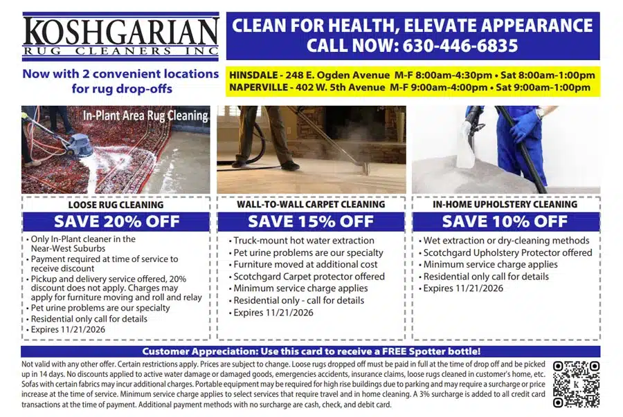 Coupon with online specials: 20% off rug cleaning; 15% off carpet cleaning; 10% off upholstery cleaning